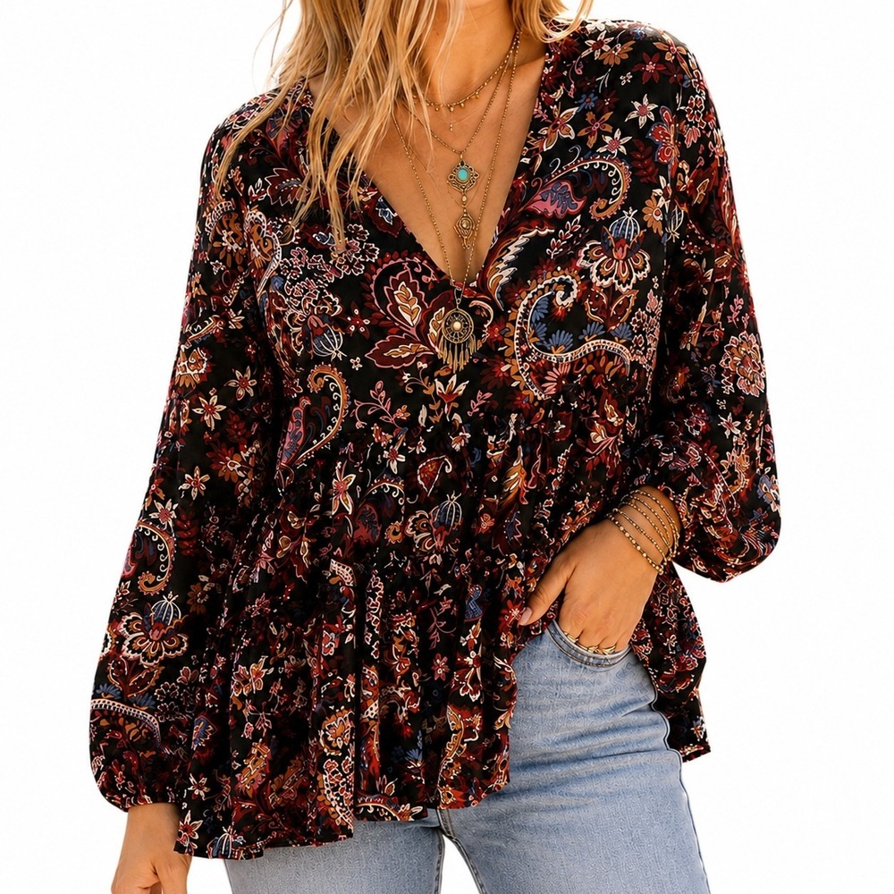 Lovely J Boho Floral Paisley Top Women's Large Balloon Sleeves Ruffled Tiered